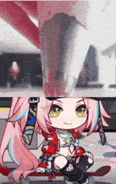 a girl with pink hair and green eyes is sitting on a skateboard ..