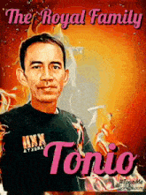 a cartoon of a man named tonic with flames behind him