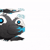 a cartoon drawing of two birds with blue eyes and horns