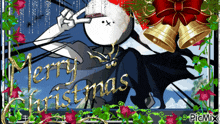 a merry christmas greeting card with a cartoon character