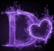 the letter d is surrounded by purple flames and has a heart in the middle .