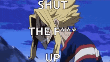 all might from my hero academia is making a funny face while standing in front of a mountain .
