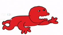 a red cartoon character with a big mouth is laying down on a white surface .