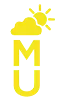 a yellow m and u logo with a sun and cloud