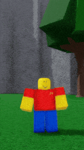 a roblox character in a red and yellow shirt is standing in the grass