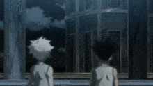 a cartoon character with white hair and blue eyes stands in front of a dark cloudy sky