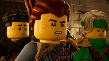 three lego characters are standing next to each other and one of them has the word jojo on his shirt