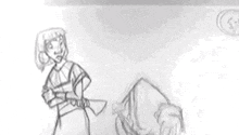 a black and white drawing of a woman standing next to a man laying down .
