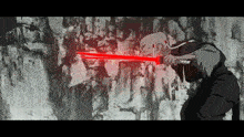 a black and white drawing of a man holding a red light saber
