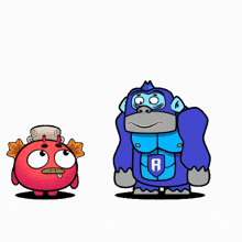 a blue gorilla with the letter b on his chest is holding the hand of a red monster