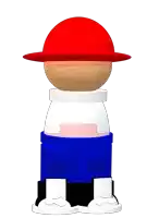 a cartoon character has a red hat and blue shorts