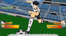 a soccer player is kicking a soccer ball on a soccer field .