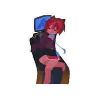 a girl with red hair is hugging a man with a computer head on his back
