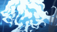 a blue background with white smoke coming out of the top