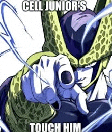 cell junior 's touch him is a meme of a cartoon character pointing at someone .