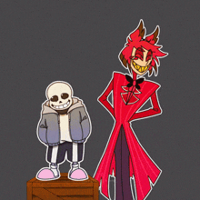 a drawing of a skeleton standing next to a man in a red coat with a red eye
