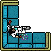 a pixel art drawing of a person laying on a blue couch