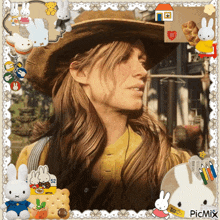 a woman wearing a hat is surrounded by stuffed rabbits and a picmix logo