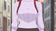 a woman with red hair is wearing a white sweater and brown skirt