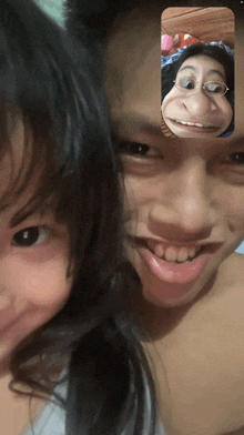 a man and a little girl are having a video call with a fake face on their faces