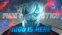 a man with blue eyes is standing in front of a red and blue background with the words `` yugo is here '' .