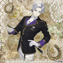 a man in a black and purple suit is holding a cane in front of horseshoes and lace