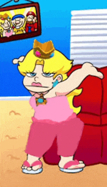 a cartoon of princess peach dancing in front of a picture of mario and luigi