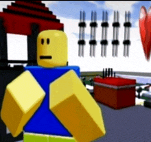 a yellow and blue roblox character with a sad face is standing in front of a red heart .
