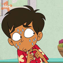a cartoon of a boy with sweat coming out of his face and a nick logo in the background