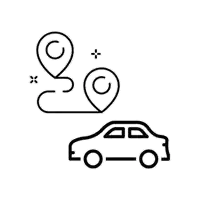 a black and white line drawing of a car and a map pin on a white background .