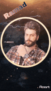 a man with a beard wearing a watch is in a circle with ramad written on it