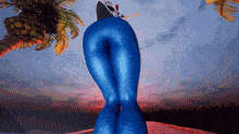 a cartoon character is standing on a beach with palm trees behind her