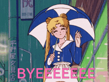 a cartoon of a girl holding an umbrella with the word byeeeee written in pink