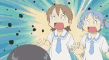 a couple of anime girls are standing next to each other with their mouths open