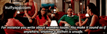 a group of people are sitting around a table with the words " for instance you write about womens issues