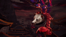 a painting of a bear surrounded by red flames and buildings