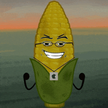 a cartoon drawing of a corn on the cob wearing glasses and an apple pendant