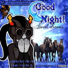 a good night sweet dreams greeting card with a troll and horses