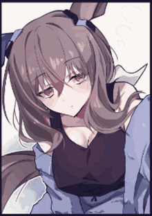 a girl with brown hair and red eyes is wearing a blue jacket