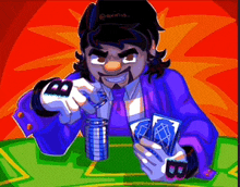a man in a purple suit is holding a pile of poker chips