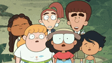a group of cartoon characters are standing next to each other and one of them has a cat on her shirt