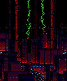 a pixel art of a city with a green wave coming out of a building
