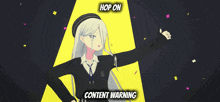 a girl with pink hair is standing in front of a yellow light with the words hop on content warning on it