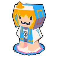 a pixel art drawing of a girl with a mustache and a blue and white outfit