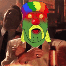 a cartoon of a clown with a rainbow hat and red nose has a biohazard symbol on his eyes