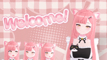 a girl with pink hair and cat ears is standing in front of a welcome sign