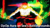 a cartoon of a man holding a sword with the words opop aura on sea 's battlegrounds below him
