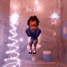a cartoon character sitting on a toilet with the word hero on the wall behind him