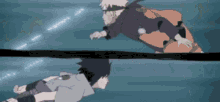 naruto and sasuke are fighting each other in the water in a cartoon .