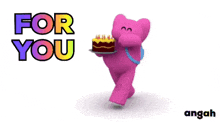 a pink elephant is holding a cake with the words " for you " behind him